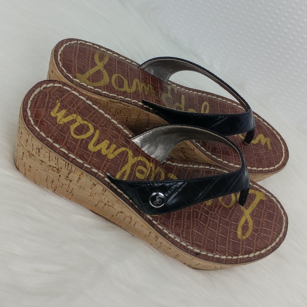 Sam Edelman Romy Wedge Black Thong Sandals